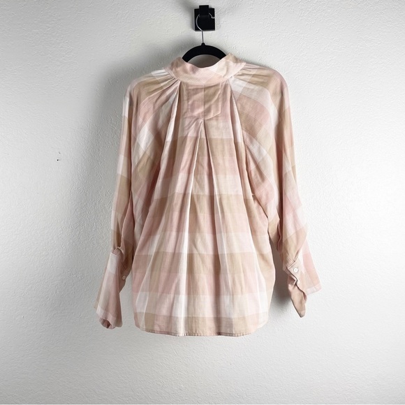 Joie Dia Plaid Balloon Sleeve Split Neck Cotton Blouse Cream Pink Large - Picture 3 of 7
